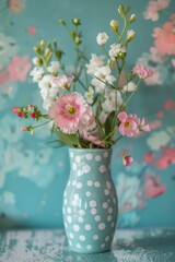 A gorgeous flowers in the plant pot with polka pots against background in the same colour palette. 