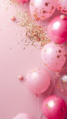 background, birthday party, balloons, pastel pink color, a little gold color