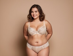 A plump chubby woman in lingerie is posing over beige background