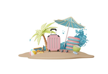 Summer elements 3d icon set clipart isolated on background, Minimal Realistic objects for mock-up with summer theme, beach umbrella, sand, inflatable ring, vacation time to travel.
