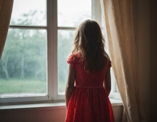 A girl in a red dress is looking out the window. The girl appears to be feeling lonely or sad