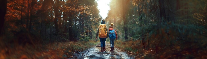 Babysitter and children on a fun outdoor adventure, carrying backpacks, forest background, sense of exploration and joy 