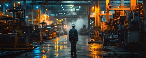 A night-shift worker, alone in a vast factory, their face illuminated by machinery, depicting the story of resilience in the quest for an ideal life 