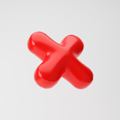 Inflated cancel cross icon isolated over white background. 3D rendering.
