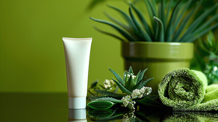 white cream pot next to aloe vera, on green background, skin care made of natural ingredients, skin care routine concept