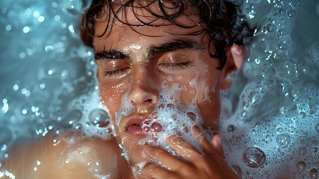 close up of handsome young man on bathtub, foam, bubbles, aesthetic, skin care for men concept