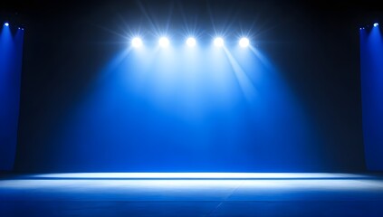 Blank Blue Stage Illuminated by Focused Spotlights.	Empty Theater Stage Illuminated by Spotlights...