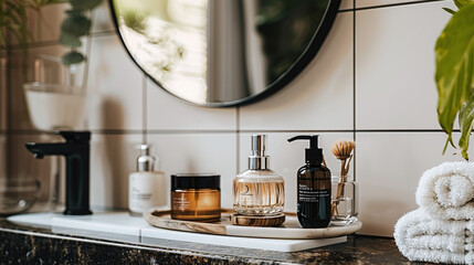 aesthetic male cosmetic products in bathroom, male skin care concept