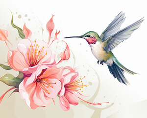 Hummingbird and Pink Blossoms Artistic Illustration