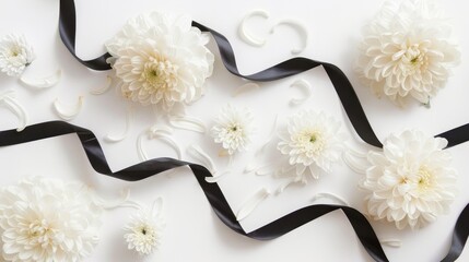 Beautiful chrysanthemum flowers and black ribbon on white background