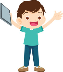 cute kids standing use smartphone and tablet gadget