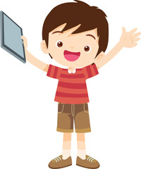 cute kids standing use smartphone and tablet gadget