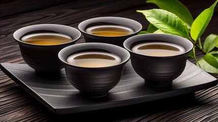 Tempting image of a traditional tea ceremony presented on a sleek black tabletop, copy space for text. Tea cup
