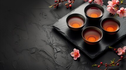 Tempting image of a traditional tea ceremony presented on a sleek black tabletop, copy space for text. Tea cup