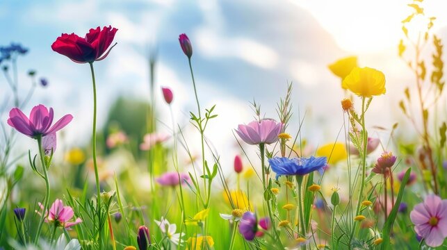 Beautiful field meadow flowers, spring and summer flower panorama