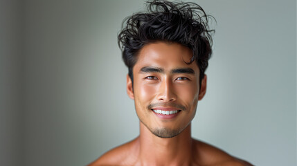 close up of smiling handsome man with glowing skin, skincare for men concept - obrazy, fototapety, plakaty