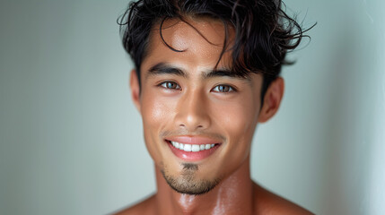 close up of smiling handsome man with glowing skin, skincare for men concept