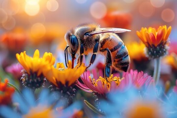 Honeybee Pollinating Vibrant Orange Flowers, showcasing pollination in a bright, colorful garden. - obrazy, fototapety, plakaty