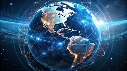Digital world centered in the USA, concept of global network and communication on Earth, information exchange and international communication, data transfer and cyber technology