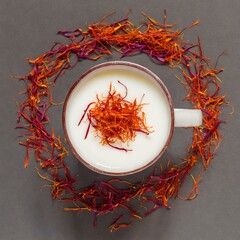 Saffron Pudding Dessert Top View - A Ceramic Mug Centered on a circle made of saffron