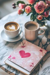 High angle, flat lay photo of the Valentine's day love letter and coffee on the table with roses and flowers. 