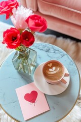 High-angle photo of the Valentine's day love letter and coffee on the table with roses and flowers. 