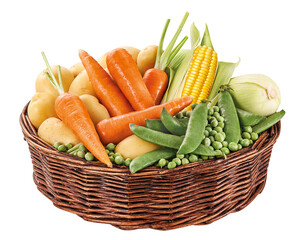 cesta de palha com cenoura, batata, ervilha, vagem, e milho verde isolado em fundo transparente - cesta com legumes variados