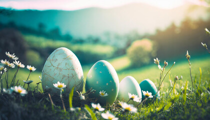  Easter eggs in the flowers on green nature background.
