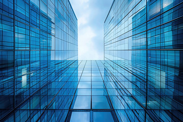 Two tall buildings with many windows, one of which is blue