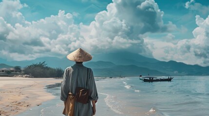 Woman in Traditional Vietnamese Style on Beach with Boats - obrazy, fototapety, plakaty