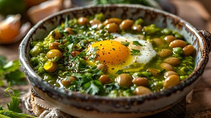 fava bean breakfast dish with herbs and spices - obrazy, fototapety, plakaty
