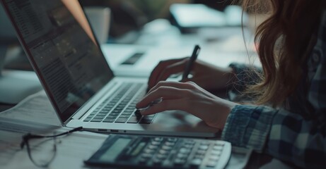 woman on the laptop using a calculator and spreadsheet , in the style of architectural blueprint, blurry details, light gray and navy