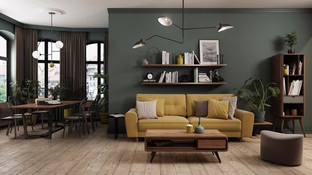 Living room combined with dining room designed in vintage style presented in different color versions. Decors and materials change the character and perception of the composition. 3D animation.