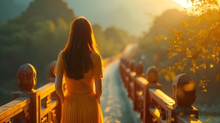 Woman Walking on a Bridge at Sunset - obrazy, fototapety, plakaty