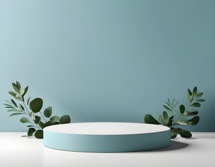 podium background for cosmetic product presentation, incorporating a green platform with a blue stand. Utilize terms such as 'stage presentation mockup' and 'product pedestal' against a eucalyptus bg