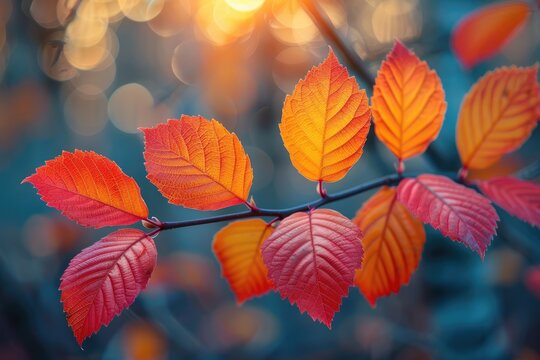Vivid red and orange leaves in full autumn splendor highlighted by a gentle, sunlit bokeh background