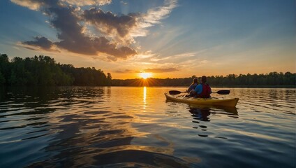 Couple kayaking on a lake at sunset. Couple kayaking on a lake at sunset
