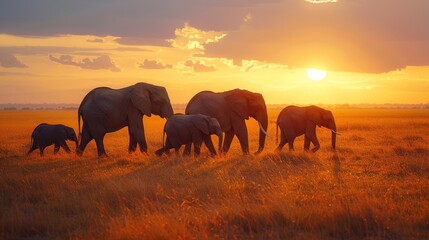 Fototapeta na wymiar Sunlit Savanna Stroll: Family of Elephants Trekking Across the Savannah at Sunset, a Creation by Generative AI