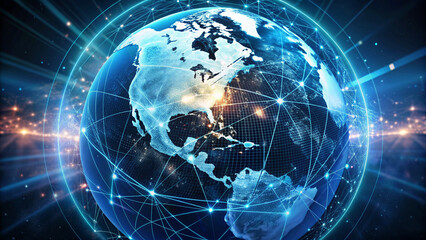 Obraz premium Digital world centered in the USA, concept of global network and communication on Earth, information exchange and international communication, data transfer and cyber technology