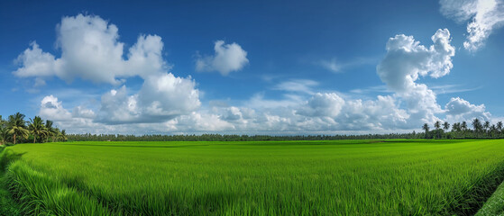 Bright green rice fields under a blue sky with white clouds, bordered by tropical palm trees.