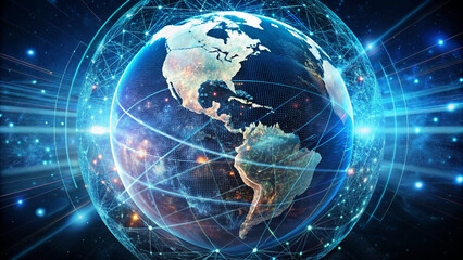 Naklejka na ściany i meble Digital world centered in the USA, concept of global network and communication on Earth, information exchange and international communication, data transfer and cyber technology