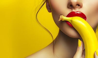 Close-up of sexy Woman Biting Banana. A close-up shot of a woman with red lipstick biting a banana on a vibrant yellow background, copy space. - obrazy, fototapety, plakaty