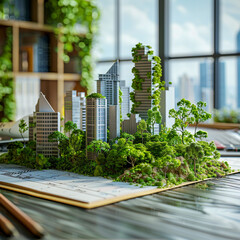 Green city growth chart emerging from an architects table contrasted with the real view of underdeveloped land awaiting transformation