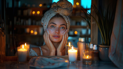 young woman doing her skincare routine at night, skin cleansing