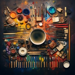 A flat lay knolling photo of a painter's tools against a dark wood table with vibrant colors all around. 