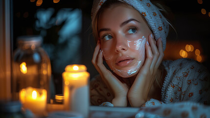 young woman doing her skincare routine at night, skin cleansing