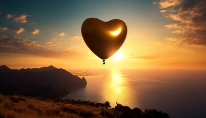 Fototapeta premium Heart shaped balloon at sunset on the sea background.