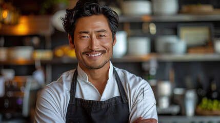 Naklejka premium A chinese chef in apron standing arms crossed and smiling in a restaurant kitchen