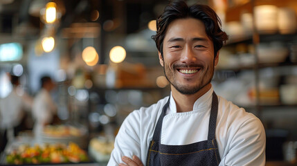 A chinese chef in apron standing arms crossed and smiling in a restaurant kitchen - obrazy, fototapety, plakaty