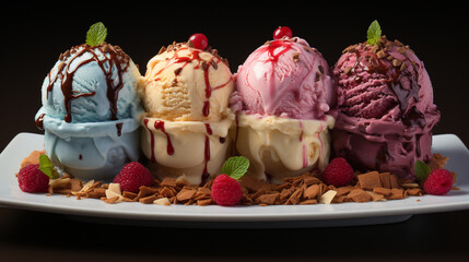  Variety of ice cream in a bowl on a white dish